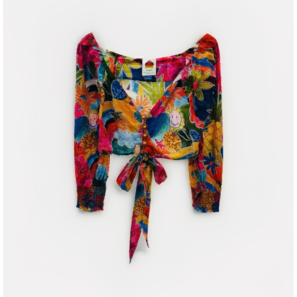 FARM Rio Anthropologie Women's Floral/Fruit Tie Front V-Neck Cropped Top Size L